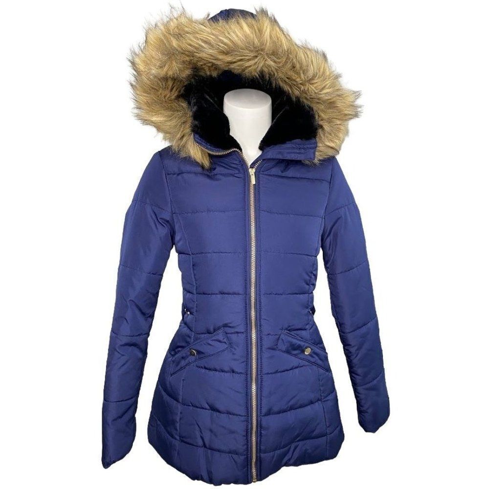 Celebrity‎ Pink Hooded Puffer Coat Women's SMALL Dark Blue Faux-Fur Lined NEW